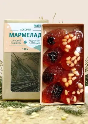 Мармелад сосновый ассорти с кедровыми орехами и с шишкой, 110 гр Мармелад сосновый ассорти с кедровыми орехами и с шишкой, 110 гр
